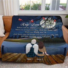 Memorial landscape with angel and loved one on dock under full moon with red cardinals, view 4.