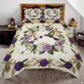 Purple rose hummingbird bedding displayed in a bright bedroom