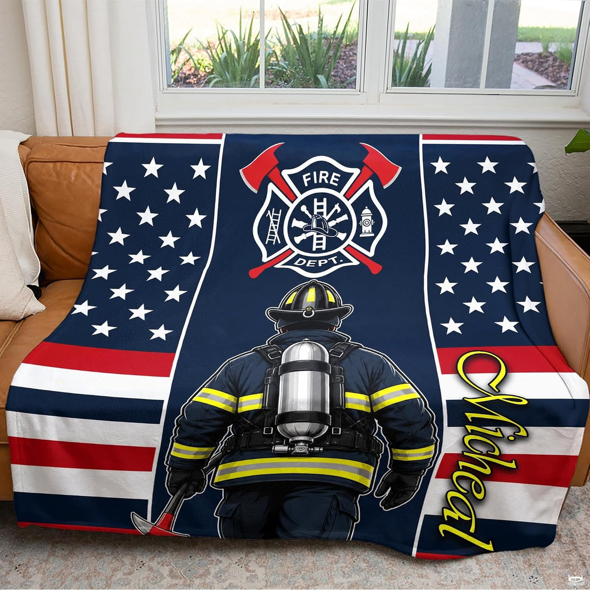 Overhead display showing full responder tribute composition with flag motif on Blanket.