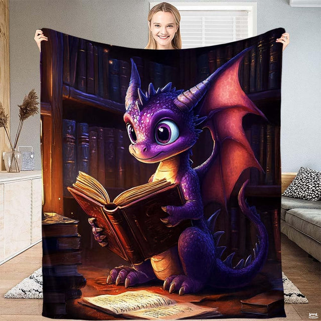 Cute fantasy dragon bedding set featuring a purple thematic accent dragon reading glowing books in a library.