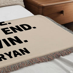 Outdoor patio seating area displaying the minimalist couple love quote throw blanket