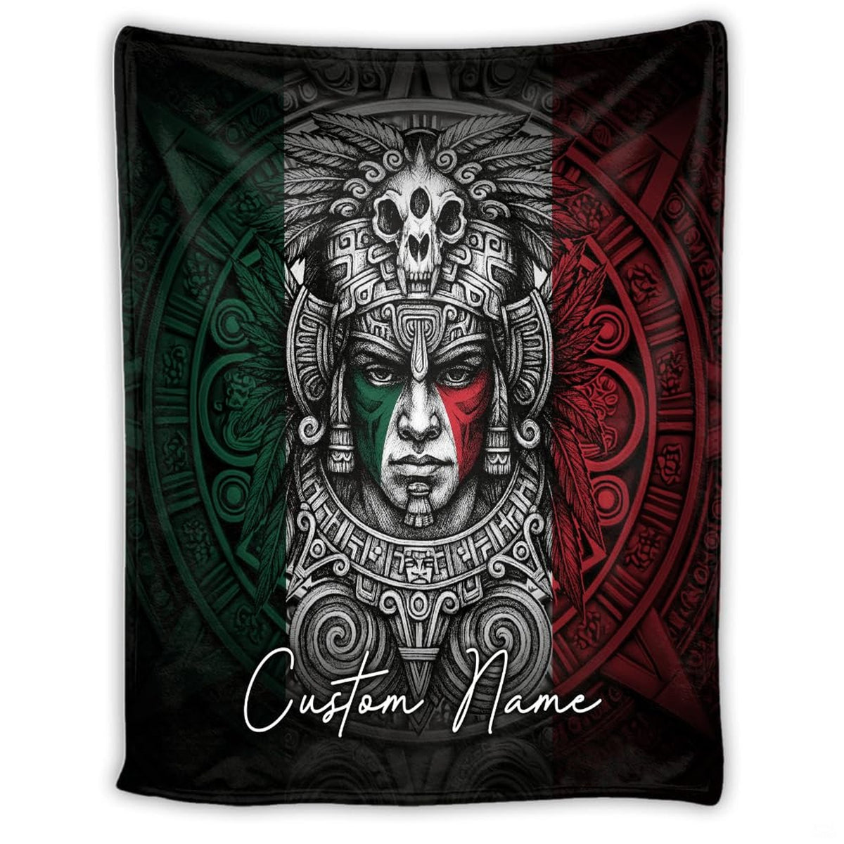 Artistic Mexican flag bedding set with bold warrior aesthetics in a modern bedroom.