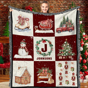 Vintage Christmas Monogram Collage Burgundy Throw Blanket
