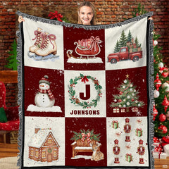 Vintage Christmas holiday nine-panel sampler throw blanket featuring sleigh, snowman, and red truck on burgundy