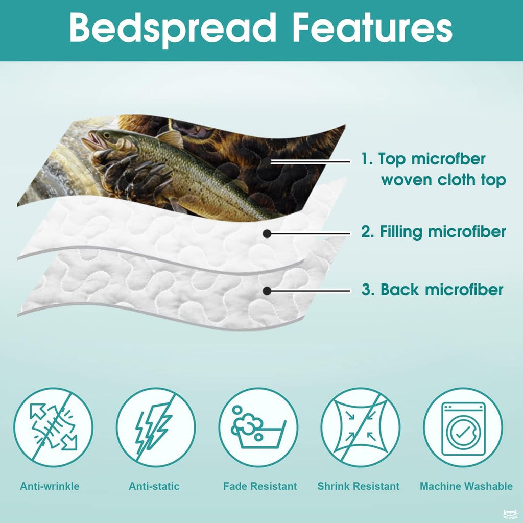 Side view of bear family bedding set creating a tranquil woodland aesthetic in a rustic bedroom