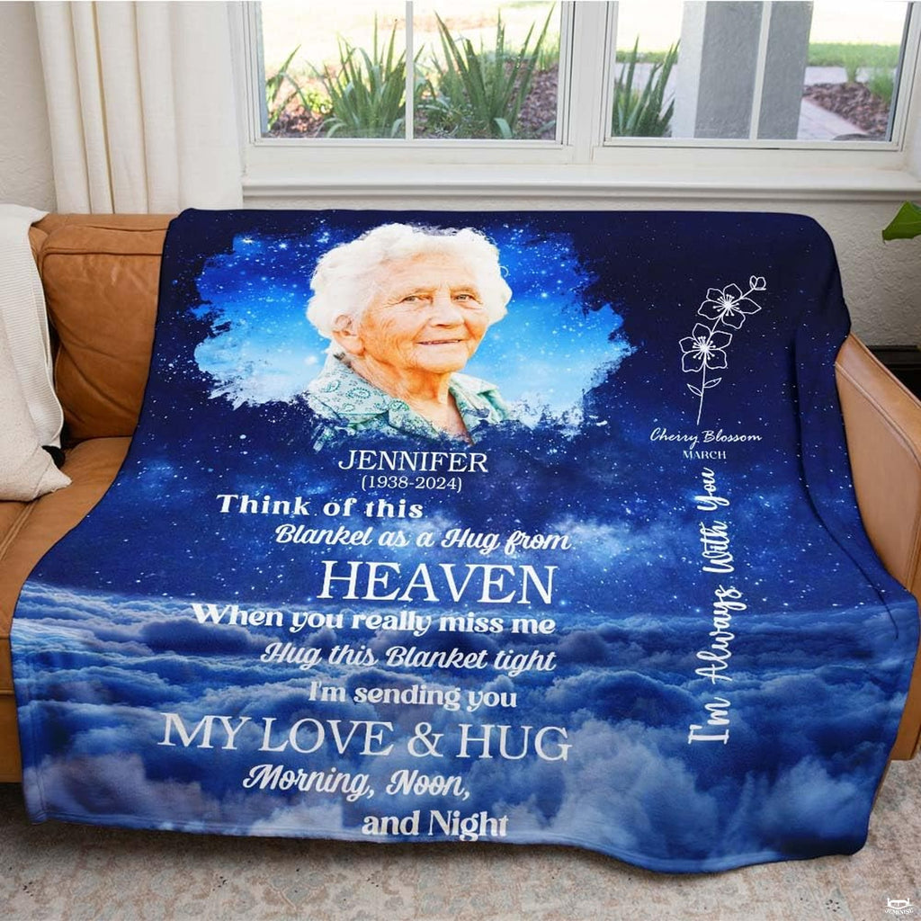 Heartfelt elder tribute design with swirling indigo clouds and floral line art resting on indoor home seating