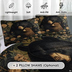 Close-up detail of mother bear cuddling cub surrounded by botanical wild flora on rustic bedding print.