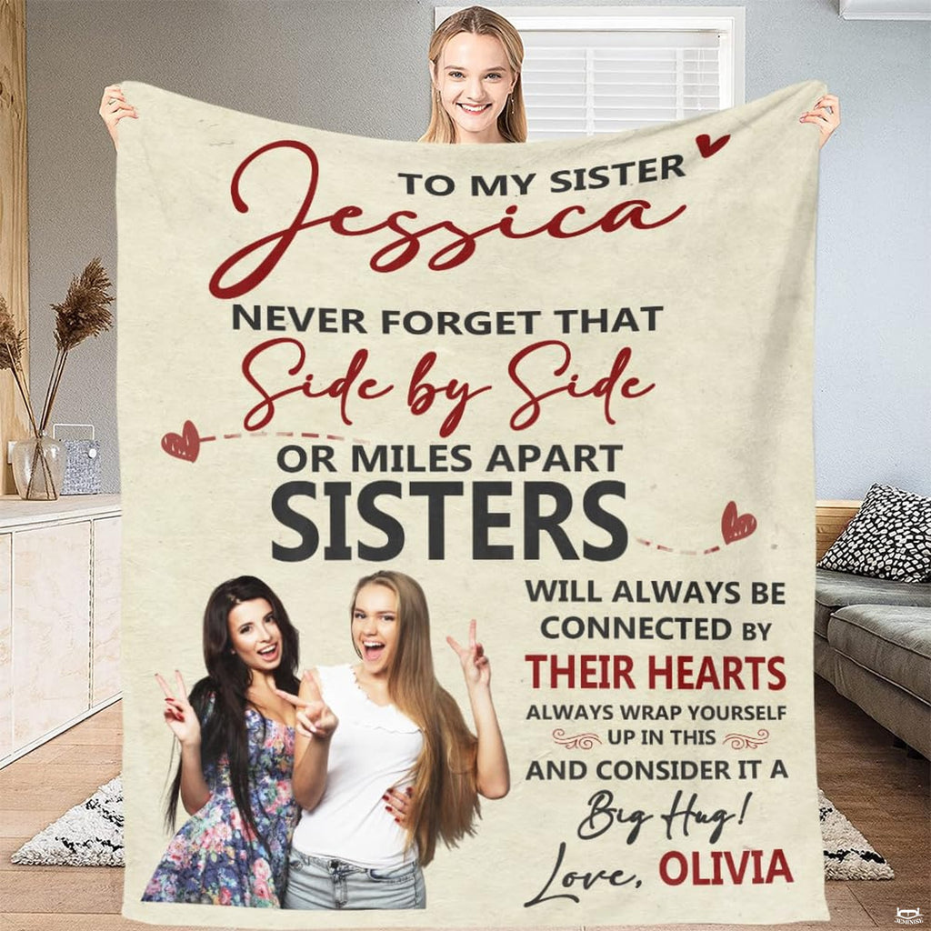 Full frontal view of sentimental sibling photo keepsake blanket with crimson lettering and heart accents.