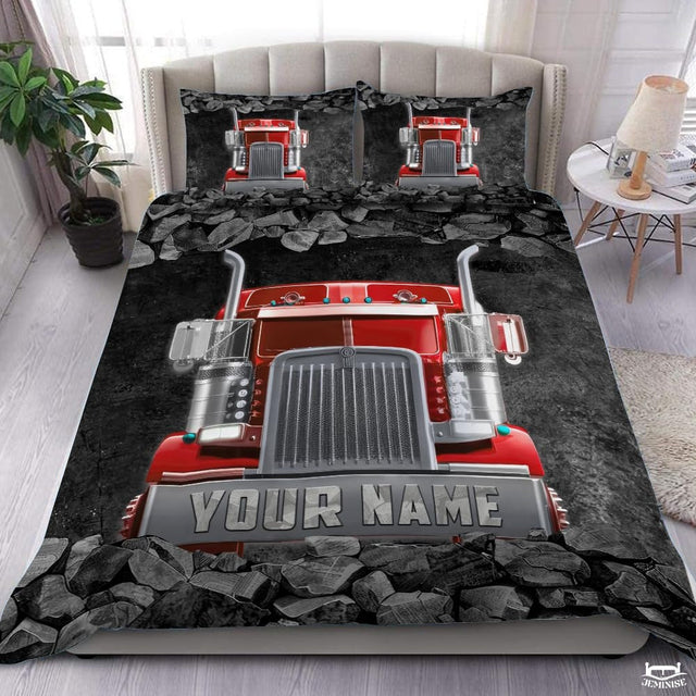 Red semi truck stone breakthrough bedding displayed on a bed with matching pillow shams.
