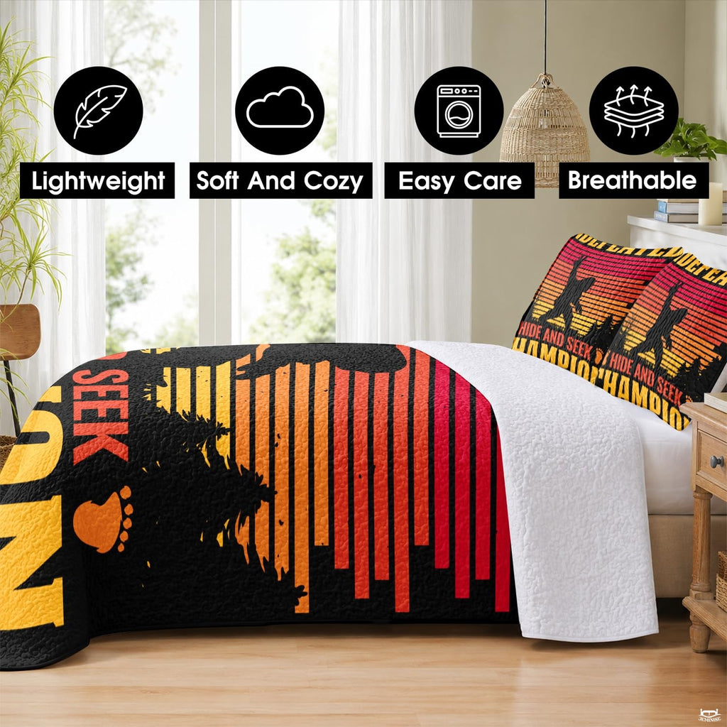 thematic accent red, orange, and yellow retro sunset stripes on a scenic Bigfoot bedding illustration.