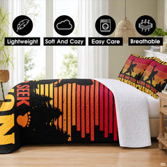 thematic accent red, orange, and yellow retro sunset stripes on a scenic Bigfoot bedding illustration.