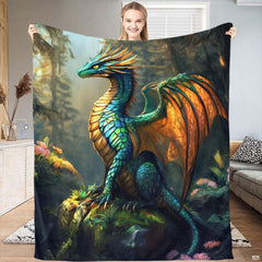 Enchanted forest bedroom decor showcasing a teal fantasy dragon bedding set with golden wings in a woodland glade.