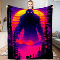 Colossal Bigfoot with glowing eyes beneath a neon synthwave striped sunset, view 1.