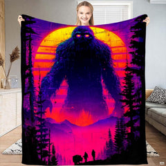 Colossal Bigfoot with glowing eyes beneath a neon synthwave striped sunset, view 1.