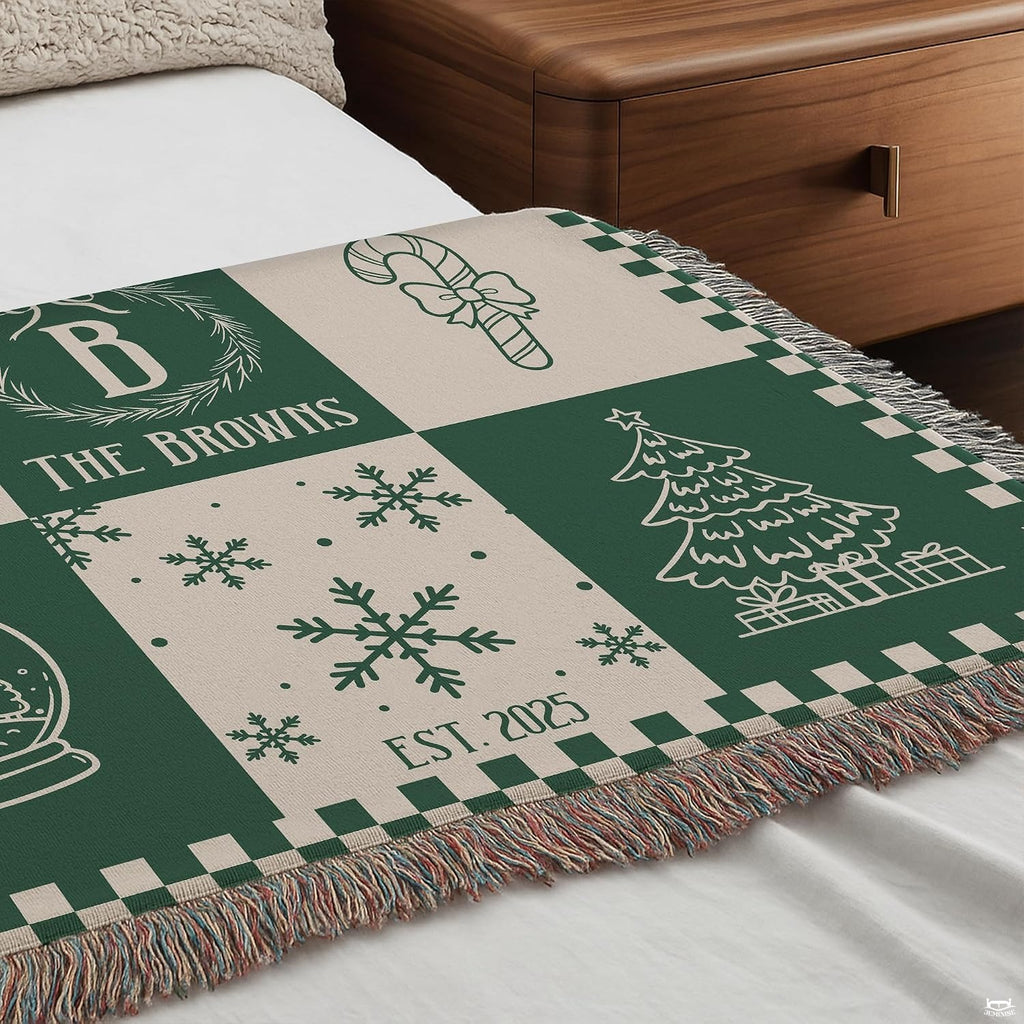 Festive Christmas bedding clearance display styled with holiday room decor and winter accents.