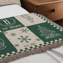 Festive Christmas bedding clearance display styled with holiday room decor and winter accents.