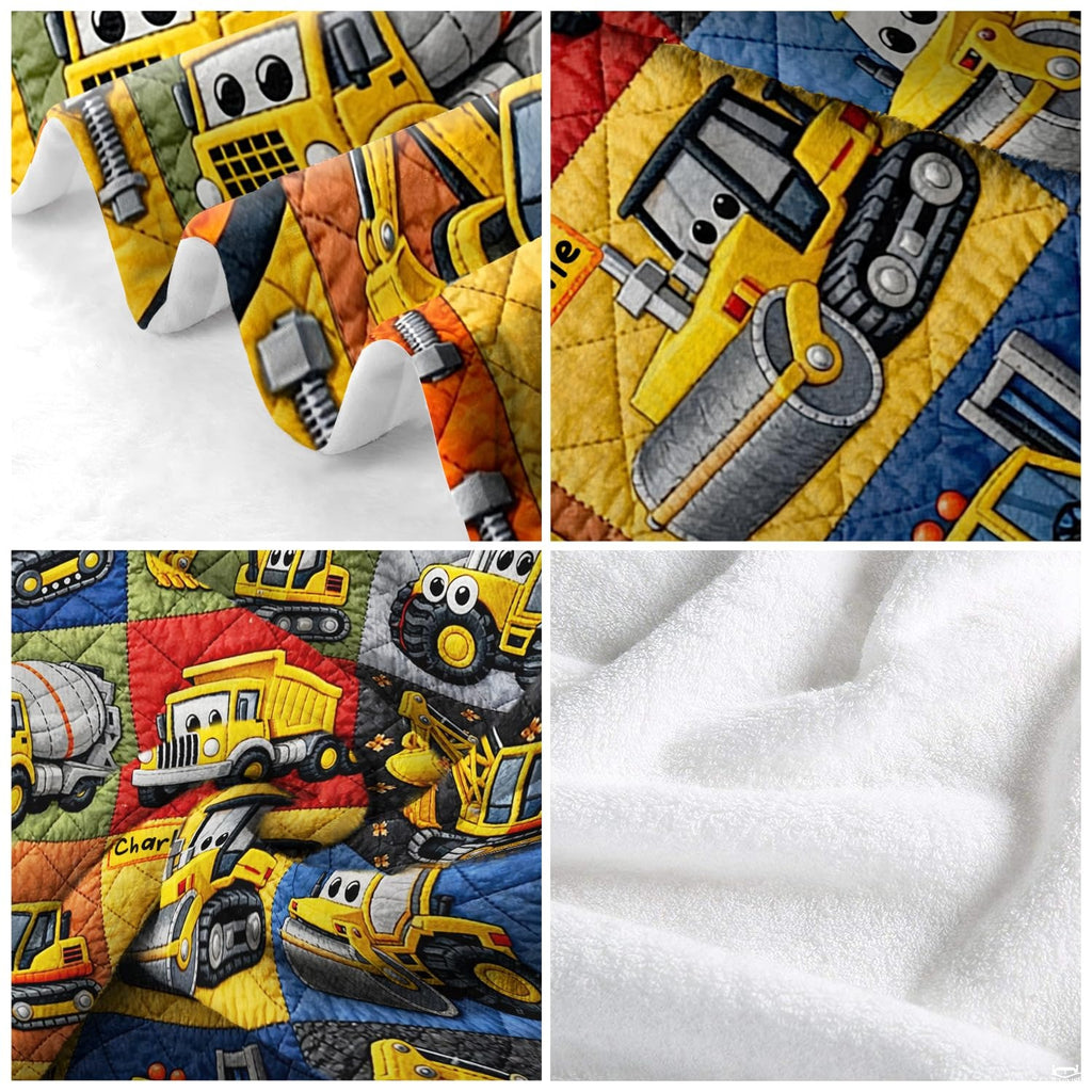 Bedroom decor styling featuring playful dump truck bedding toddler motif with vibrant yellow caution borders.