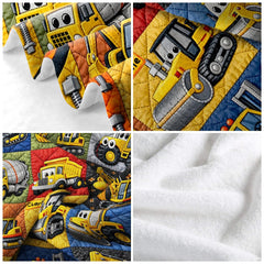 Bedroom decor styling featuring playful dump truck bedding toddler motif with vibrant yellow caution borders.