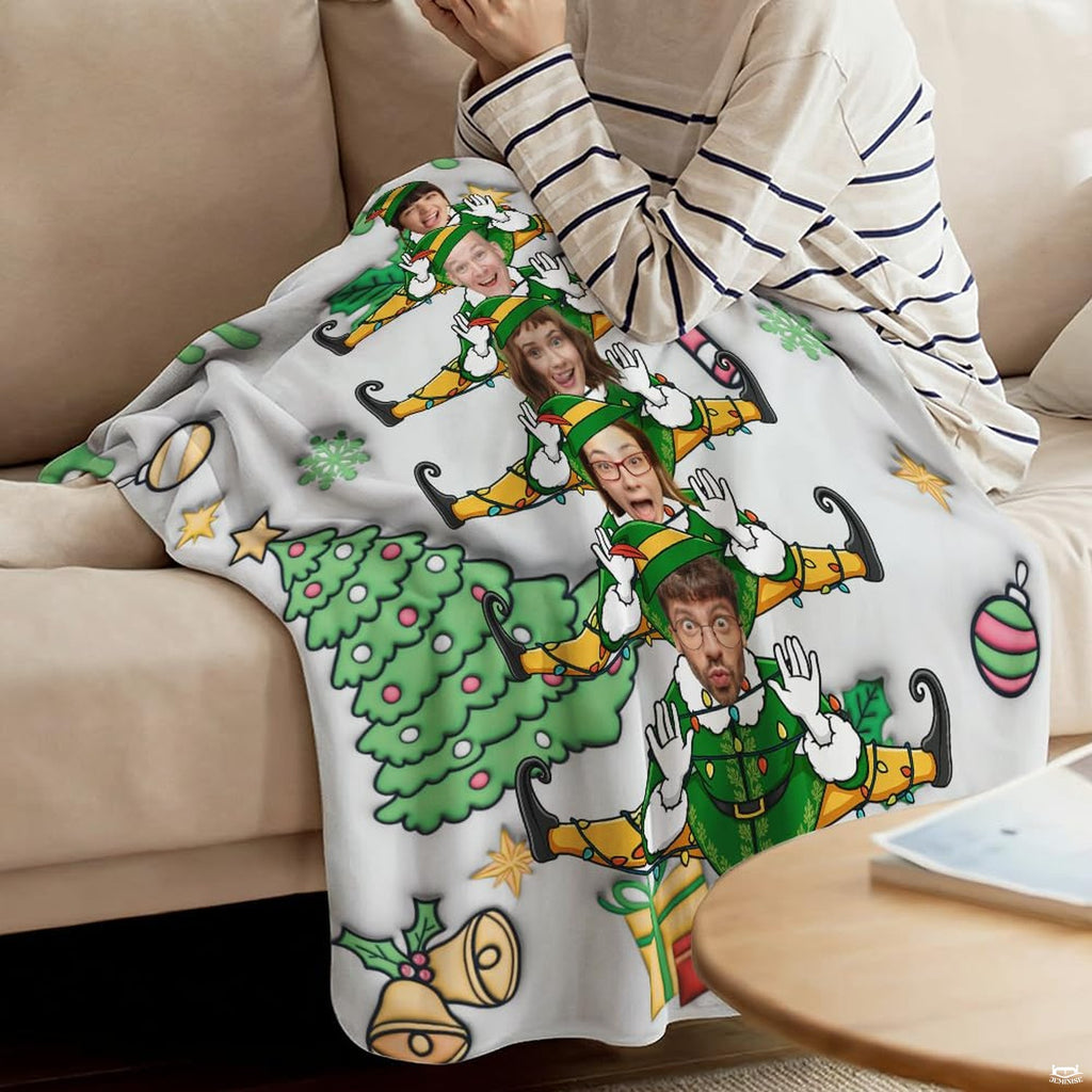Festive holiday living room setting featuring christmas elf throw blanket