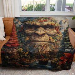 Bigfoot forest spirit throw blanket view 5 highlighting Sasquatch facial artwork and autumn woodland foliage