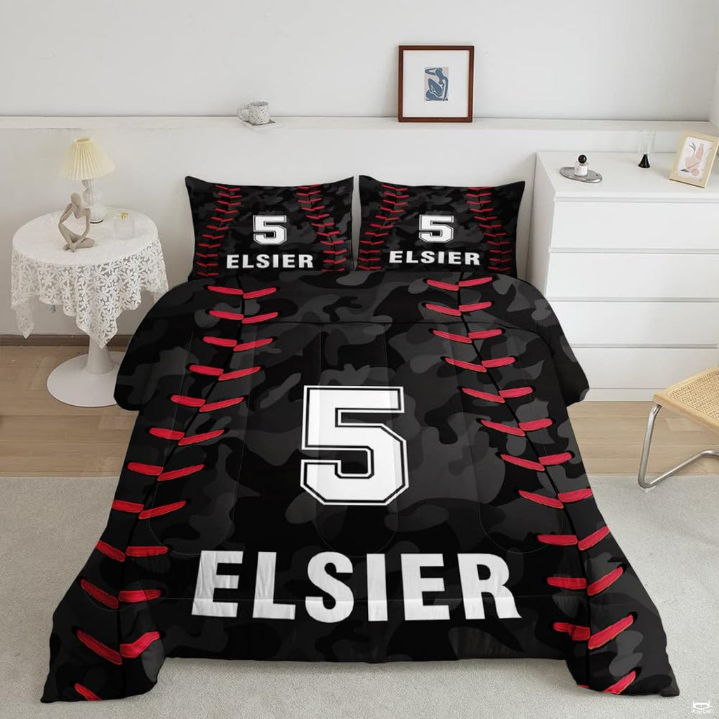 Raspberry red baseball helmet graphic sports bedding set displayed neatly on a bed in a modern youth bedroom