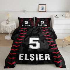 Raspberry red baseball helmet graphic sports bedding set displayed neatly on a bed in a modern youth bedroom