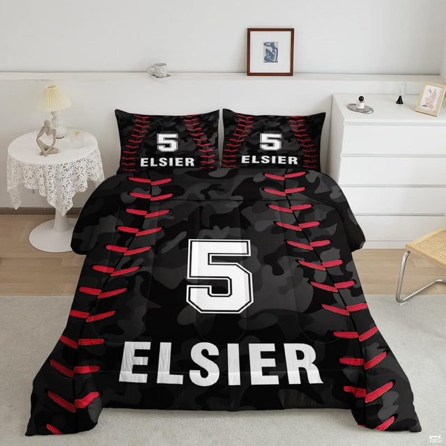 Raspberry red baseball helmet graphic sports bedding set displayed neatly on a bed in a modern youth bedroom