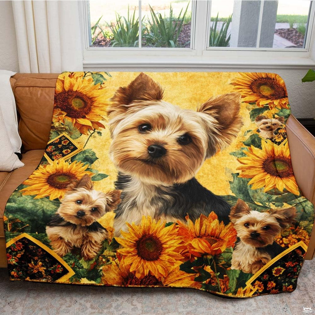Overhead flat view of the botanical canine throw blanket showing rich golden background and sunflower borders
