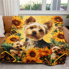 Overhead flat view of the botanical canine throw blanket showing rich golden background and sunflower borders
