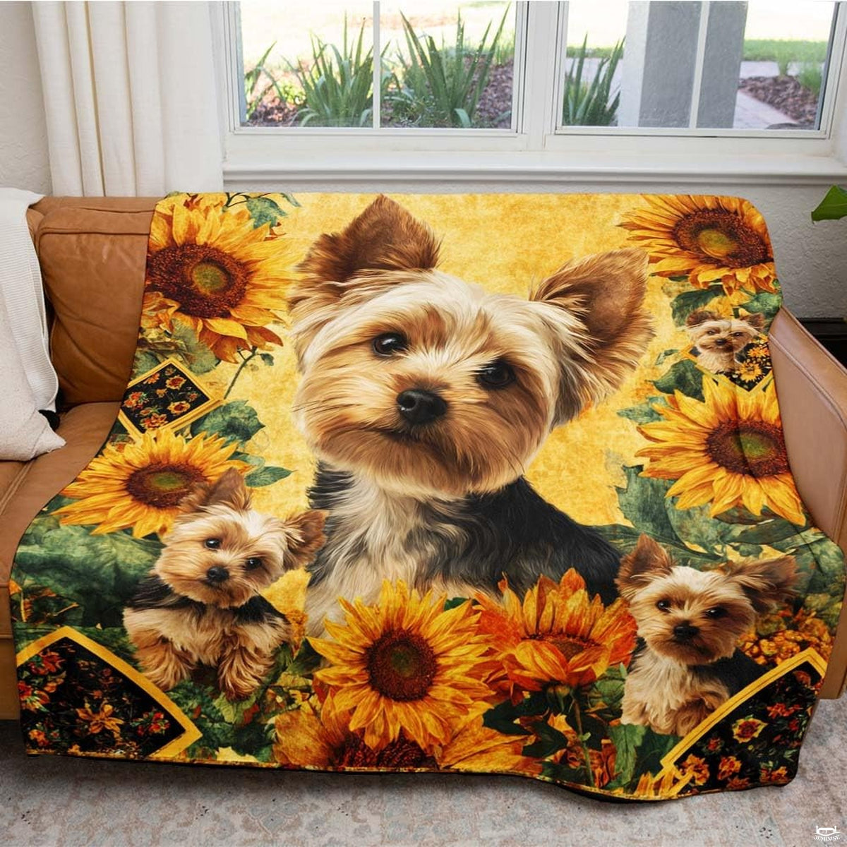 Overhead flat view of the botanical canine throw blanket showing rich golden background and sunflower borders