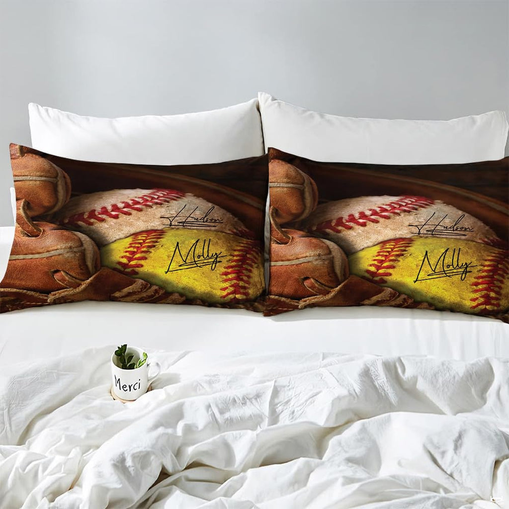 Side angle view of athletic sports bedding showing saddle brown and cognac amber tones draped on mattress