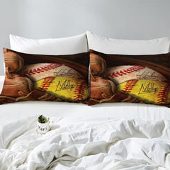 Side angle view of athletic sports bedding showing saddle brown and cognac amber tones draped on mattress