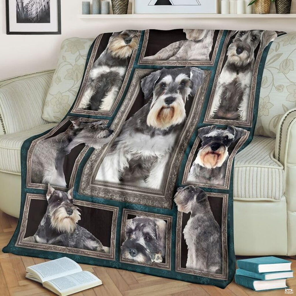 Miniature Schnauzer throw blanket styled across a living room sofa near stacked books and a cup.