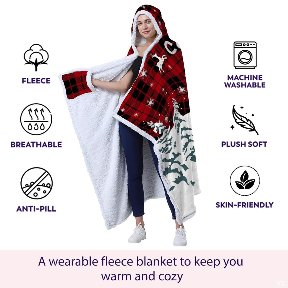 Detailed view of the red and black buffalo check design with playful snowman artwork on winter bedding.