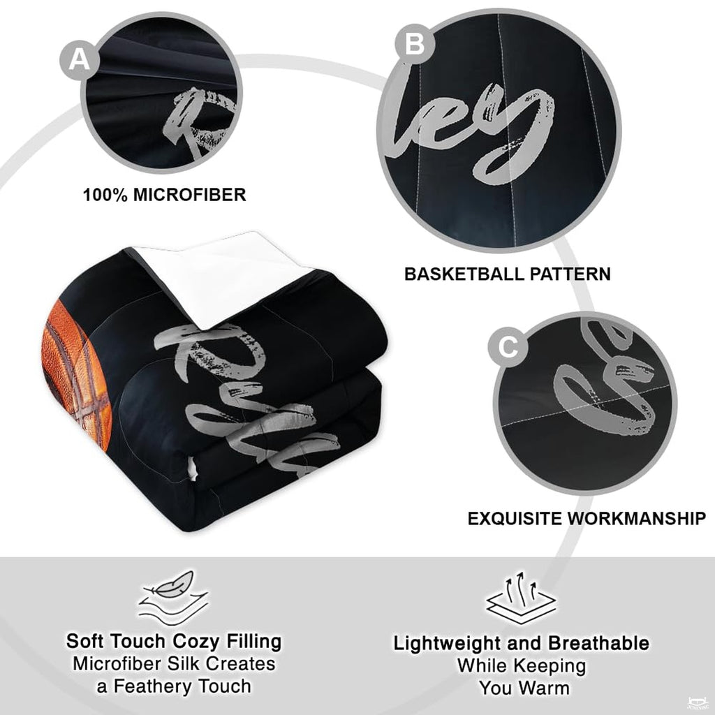 Overhead perspective of basketball bedding arranged neatly across a hardwood bedroom mattress