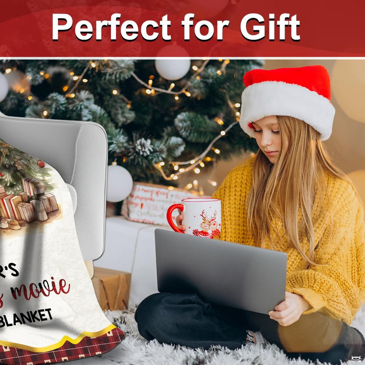 Holiday lifestyle scene displaying girl beside Christmas tree and styled holiday throw blanket.