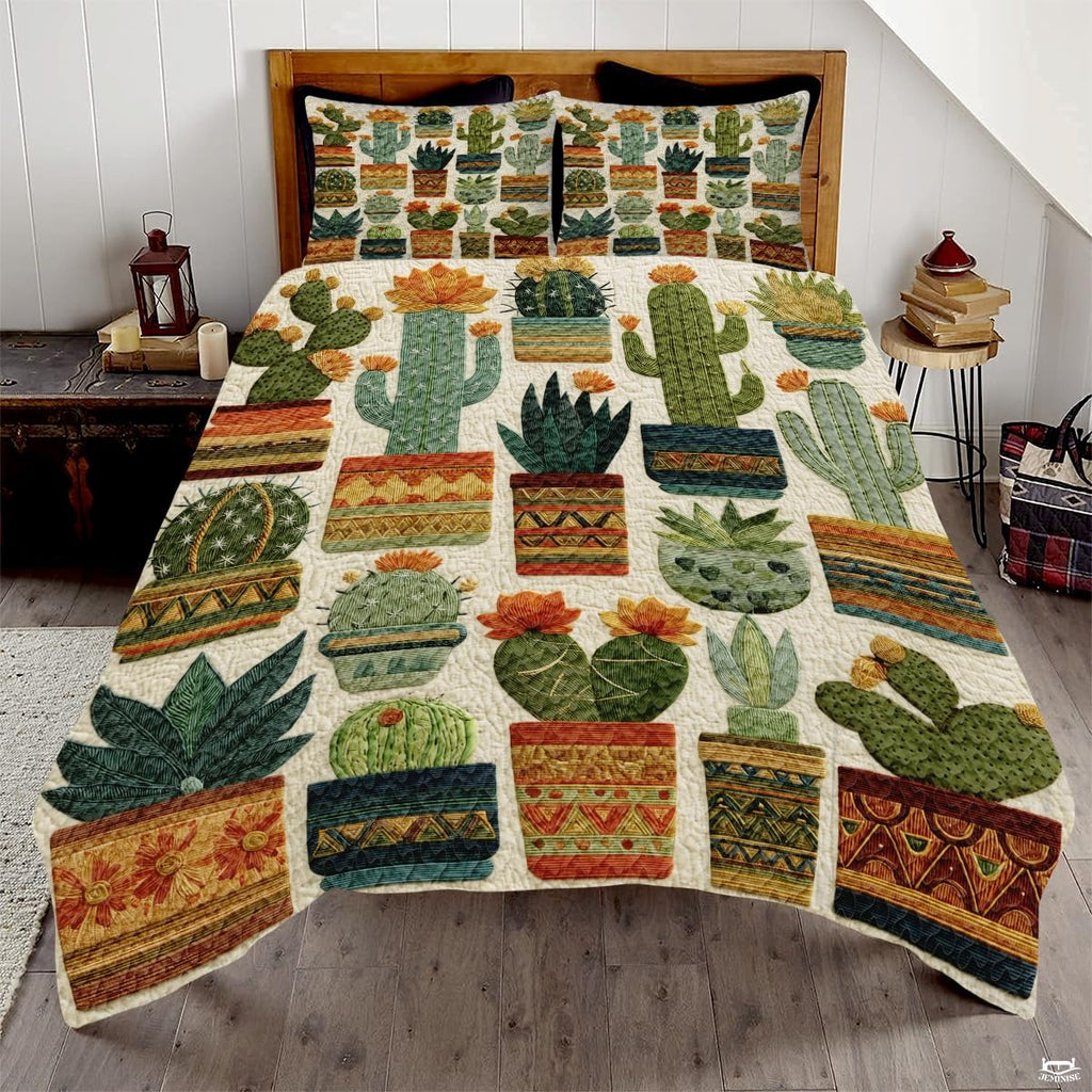 Personalized Vibrant Potted Cactus Quilt Set, Machine Washa - Design 3