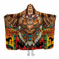 Native beaded owl totem tribal throw blanket featuring an ornate beaded owl, eagle wings, and bison silhouettes