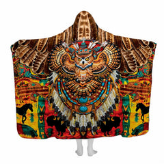 Native beaded owl totem tribal throw blanket featuring an ornate beaded owl, eagle wings, and bison silhouettes