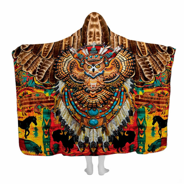 Native beaded owl totem tribal throw blanket featuring an ornate beaded owl, eagle wings, and bison silhouettes