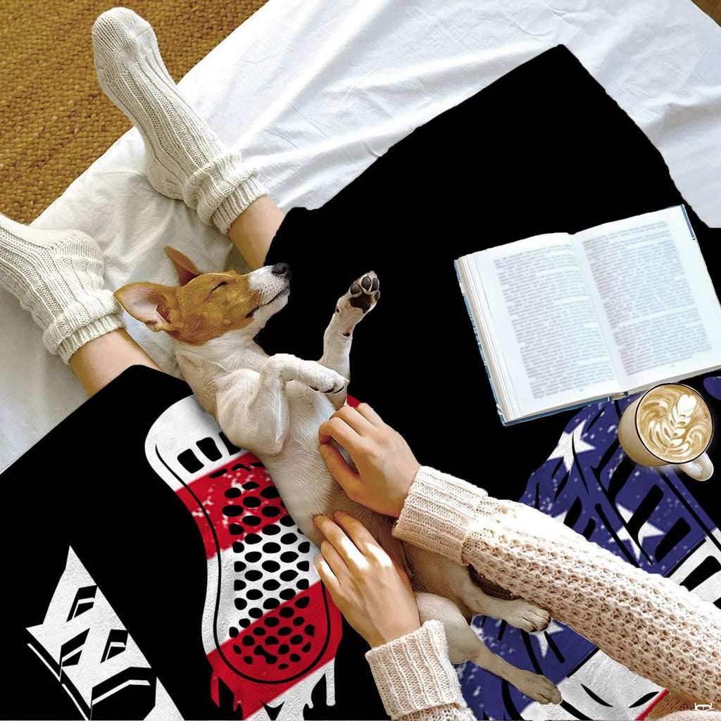 Close view of stars and stripes lacrosse helmet and sticks graphic blanket