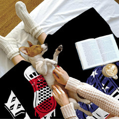Close view of stars and stripes lacrosse helmet and sticks graphic blanket