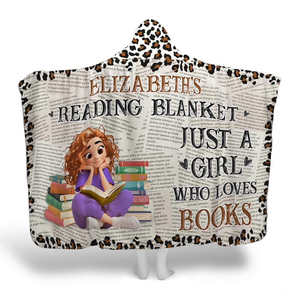 Leopard border bookworm throw blanket showing illustrated reader, stacked novels, and vintage newsprint