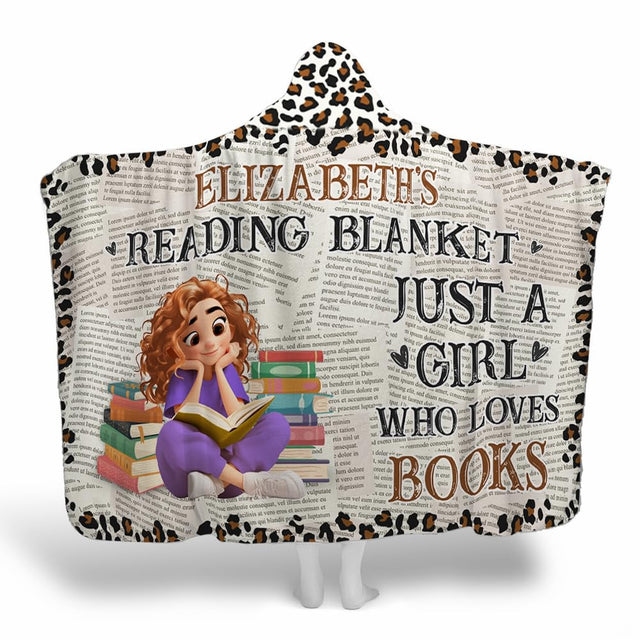 Leopard border bookworm throw blanket showing illustrated reader, stacked novels, and vintage newsprint