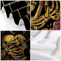 Angle perspective of gold skeleton celestial throw blanket styled across contemporary sofa
