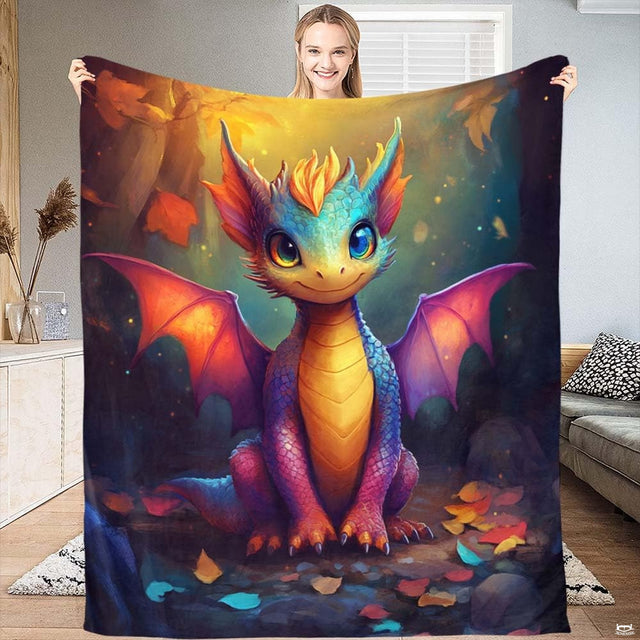 Adorable baby dragon with glowing wings and iridescent scales in autumn forest, view 1.