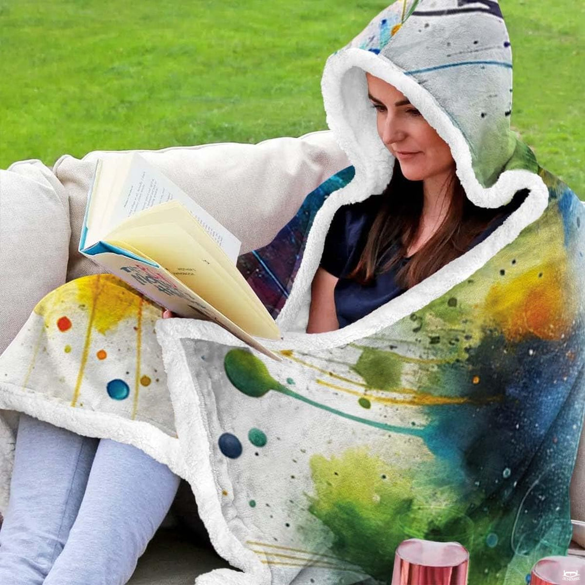 Flat spread layout of rectangular soccer splatter blanket showing full graphic artwork