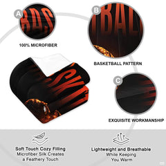 Overhead perspective of basketball bedding arranged neatly across a hardwood bedroom mattress