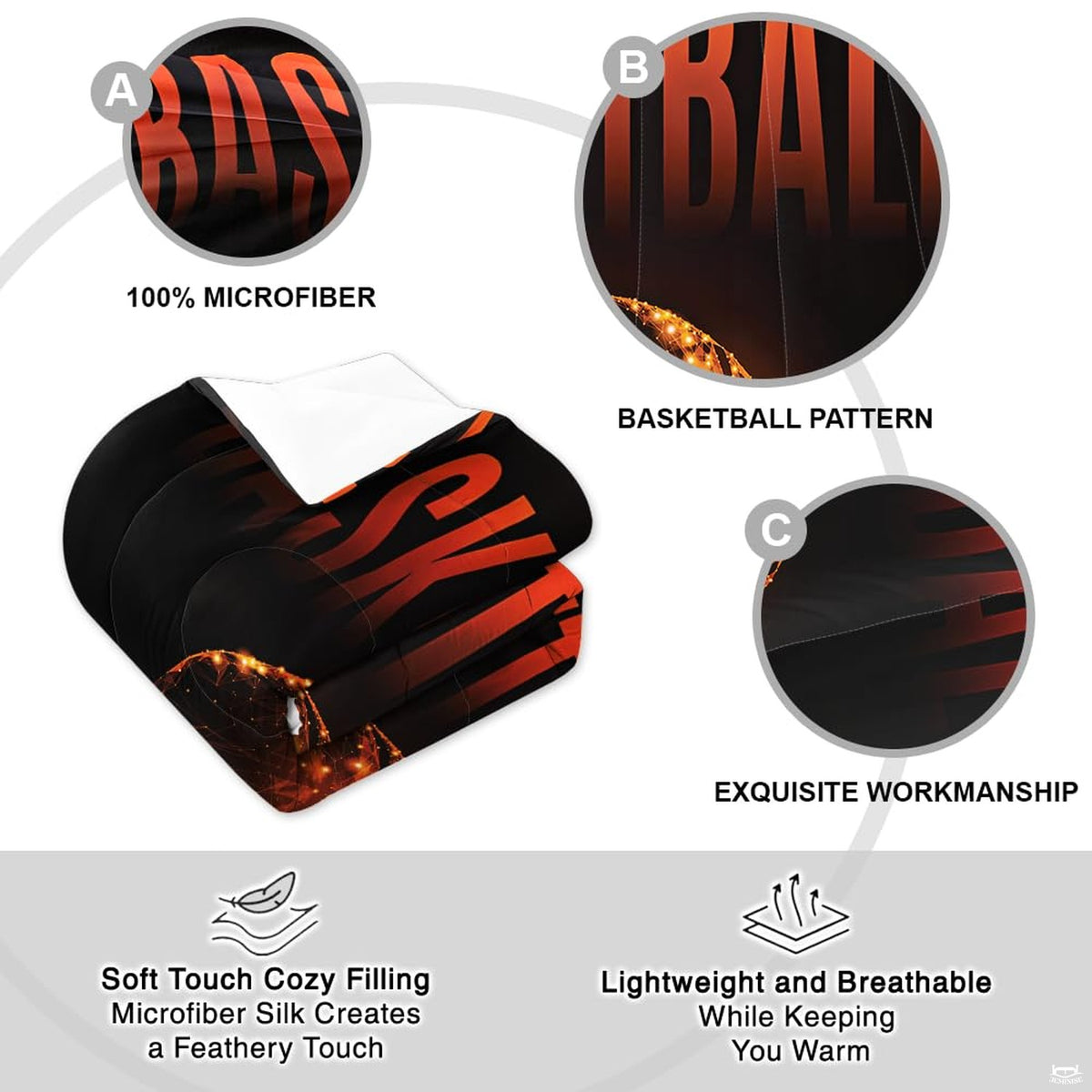 Overhead perspective of basketball bedding arranged neatly across a hardwood bedroom mattress