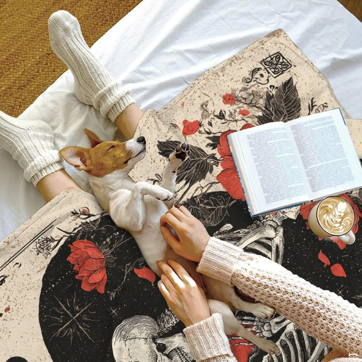 Corner filigree and aged parchment background details highlighting the macabre couple on dark romance bedding.